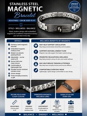 Magnetic Stainless Steel  Silver Adjustable Wellness Bracelet